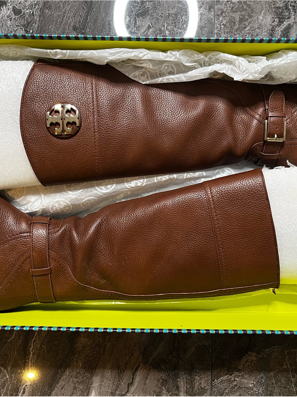 Tory Burch Brown Pebbled Leather Tall Riding Boots Size 6M Gold Medallion Buckle